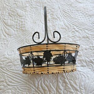 Wicker & Metal Basket With Maple Leaf Design Black & Tan Decorative With Handle